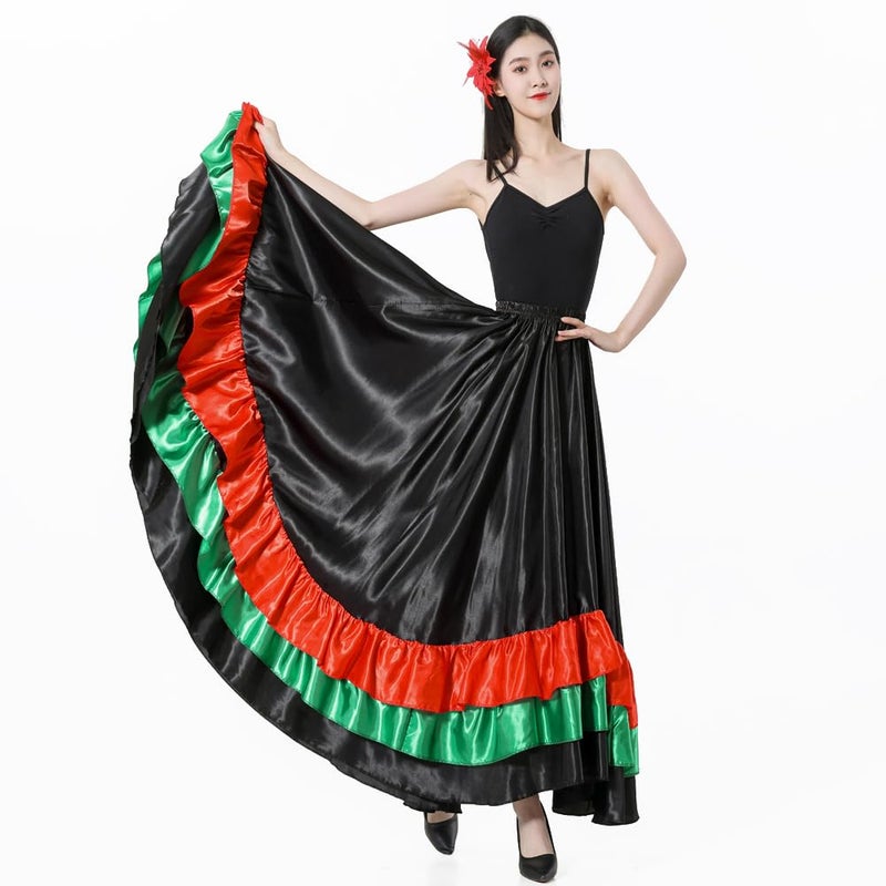 Backgarden Adult Ruffles Black Red Green Maxi Long Dance Skirt for Mexican Flamenco Halloween Costume (Black Skirt-Green/red Ruffles) - Image 2